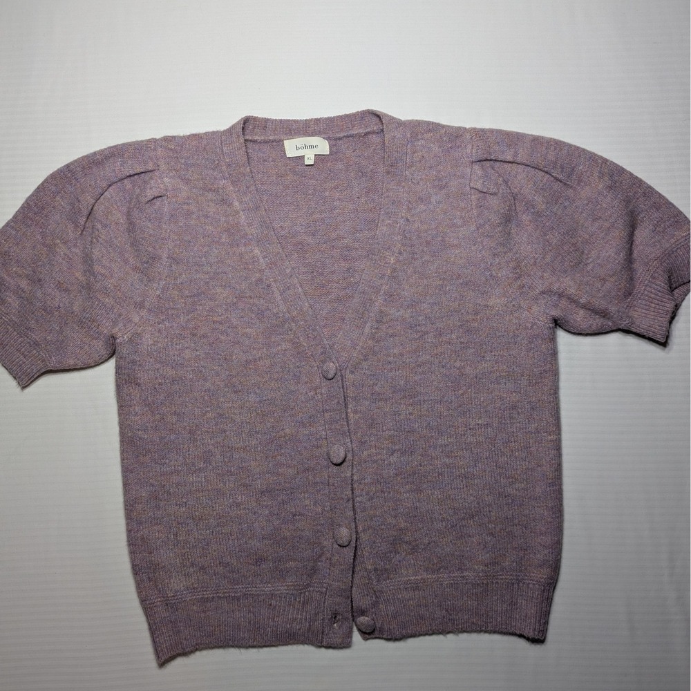 Böhme Women XL Cardigan Sweater Knit Short Puff Sleeve Lavender Purple V-Neck